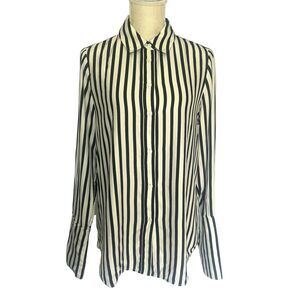 FRAME 100% Silk Blouse Medium Black & Cream Striped Button Up Classic Elegant